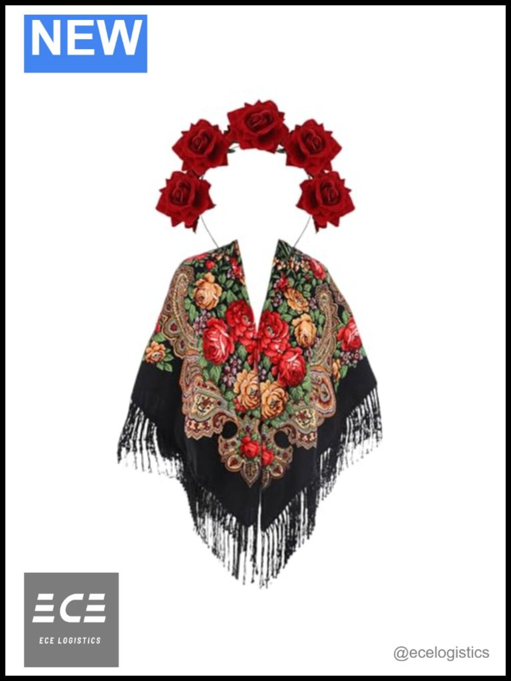 Mexican Shawl Wrap Tassel Floral Print Boho Fiesta Costume Set with Rose